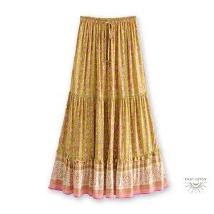 Olive Rose Blossom Floral Boho Maxi Skirt, Summer Skirt, Feminine Ruffle Skirt